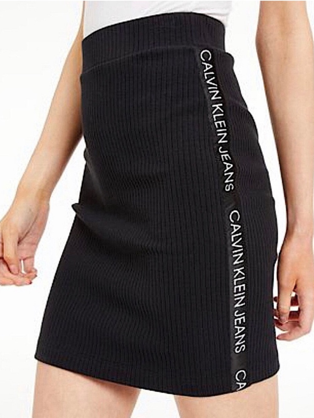 Calvin Klein Jeans Black Ribbed Pencil Skirt with Side Logo Tape size S